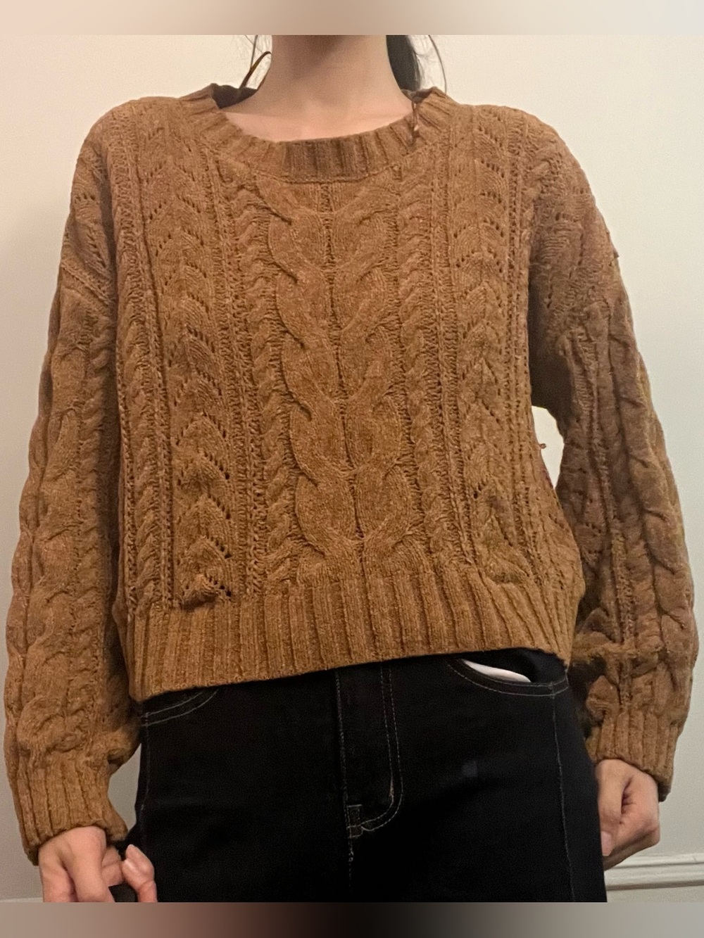 Pink Rose Cable Knit Crewneck Sweater - Camel Brown